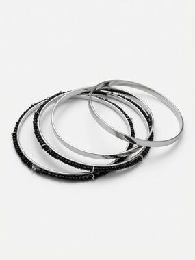 Silver-Tone & Black Beaded Bangle Set – 4 Pieces